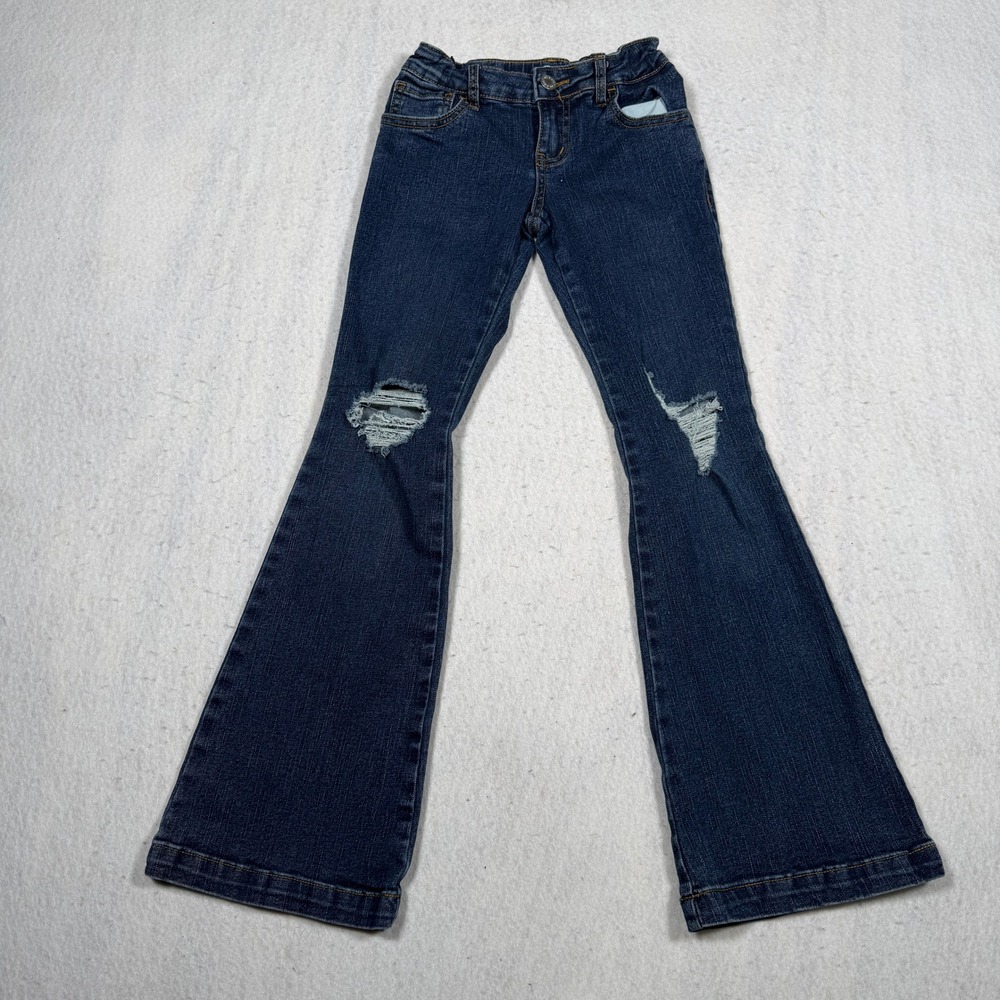 Art Class Girls Dark Wash Distressed Flare Jeans Size 8 Bell Bottom Ripped Denim